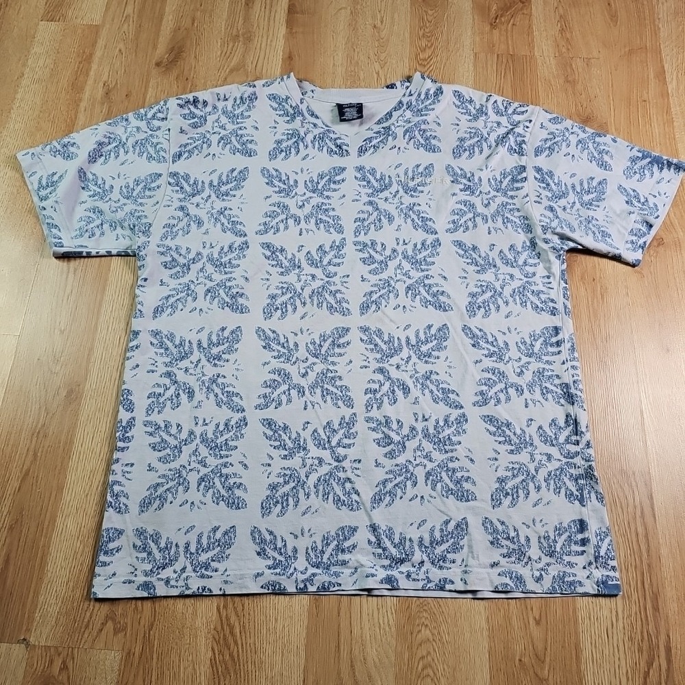 Tommy‎ Hilfiger T-Shirt Mens Large Blue Leaf Print Short Sleeve Cotton USA Made